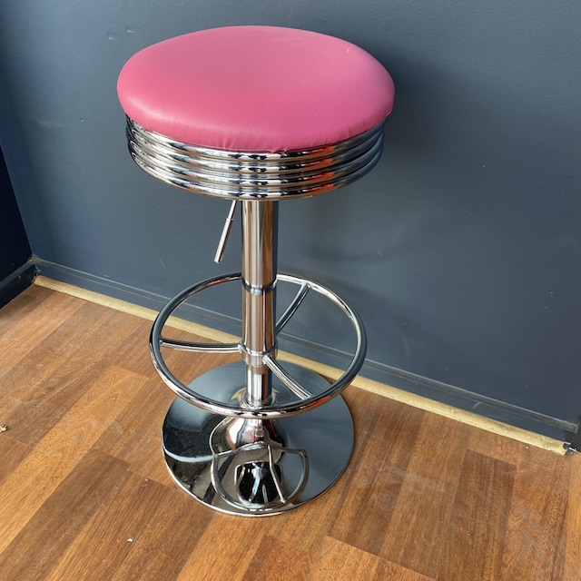 STOOL, Bar Stool - 1950s Chrome Diner Pink